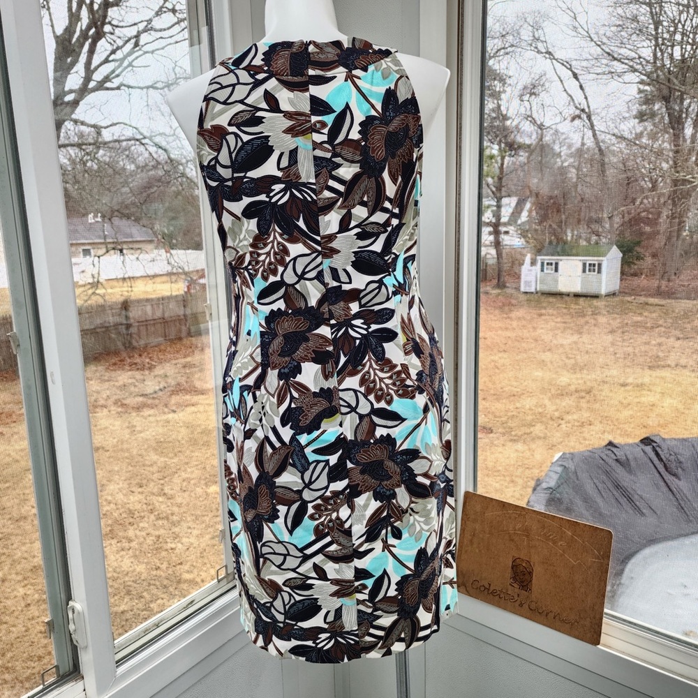 Wood Beads Studded Halter Sleeves Brown Floral Print Knee Length Sheath Dress - Picture 12 of 12